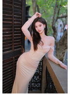 Ariel Apricot Mesh Off-Shoulder Mermaid Maxi Dress