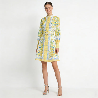 Lemon Floral Single-Breasted Midi Dress With Belt - yellow