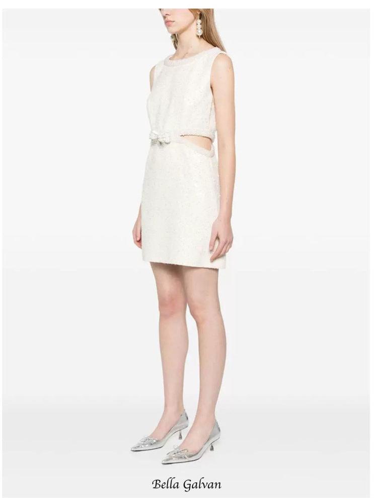 Flowering Girl Women cut out cream boucle pearl mini dress