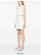Flowering Girl Women cut out cream boucle pearl mini dress
