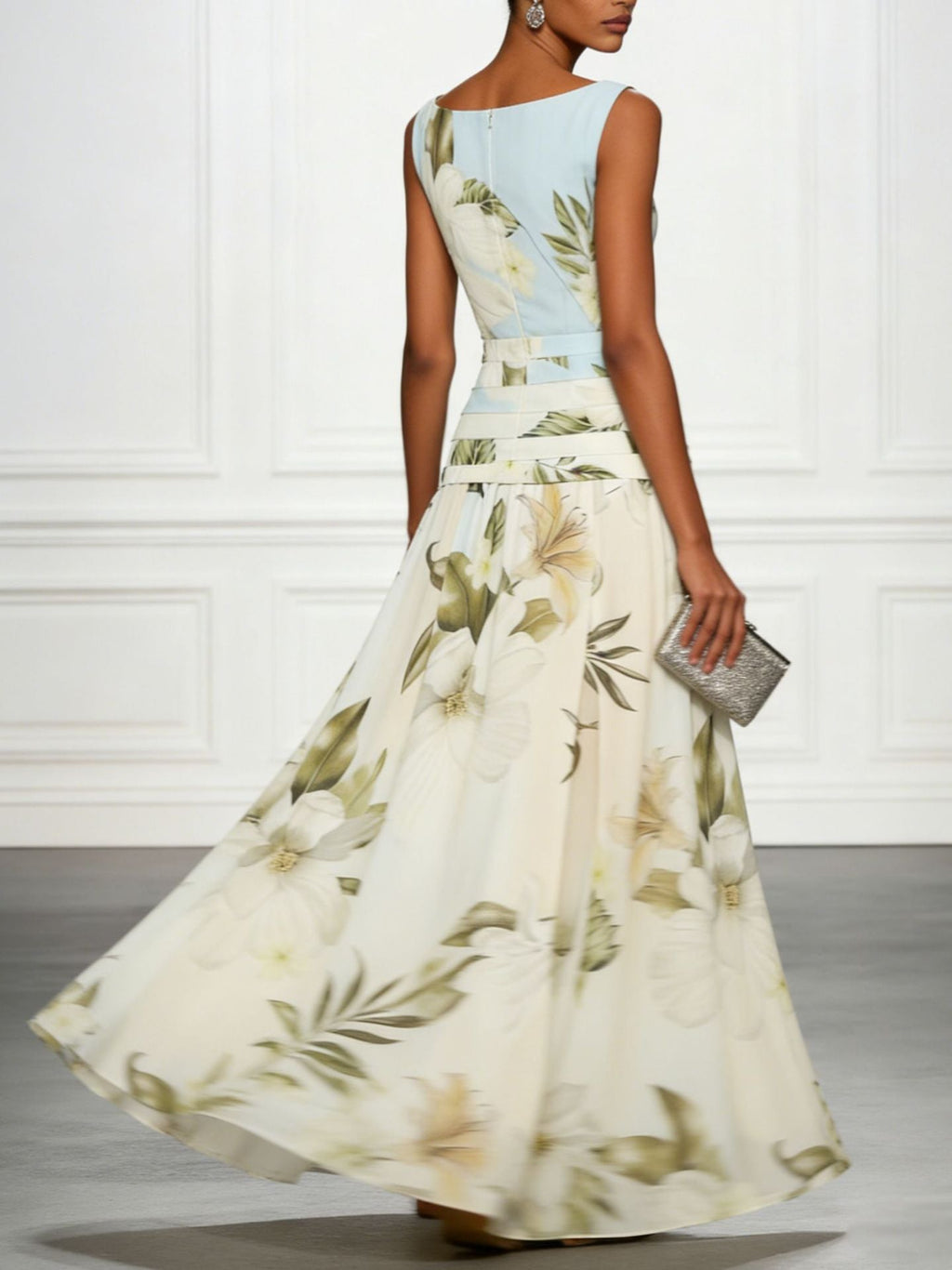 Floral Print Ruched Sleeveless A-Line Maxi Dress