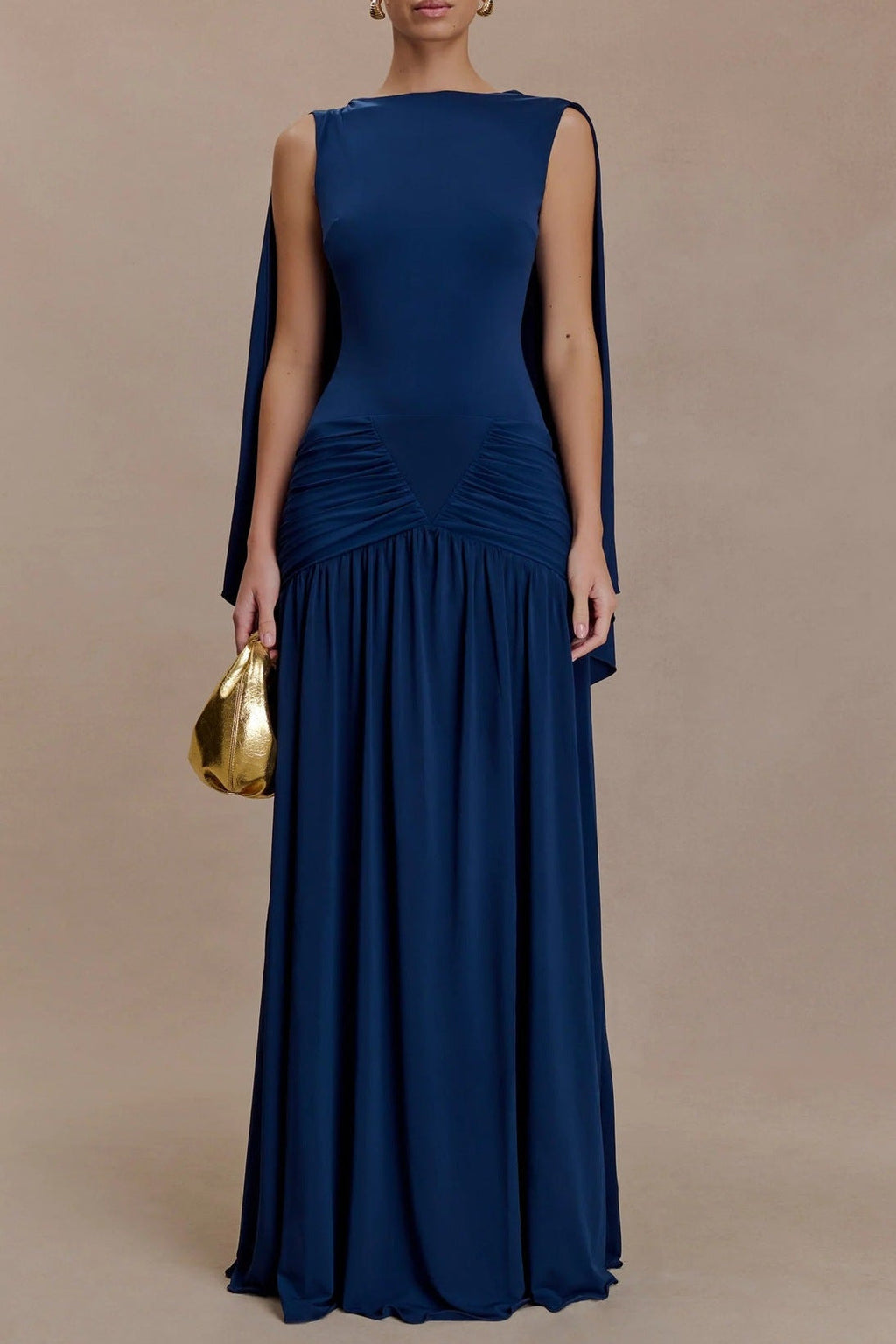 Flowering Girl Women navy open back cape pleated maxi dress