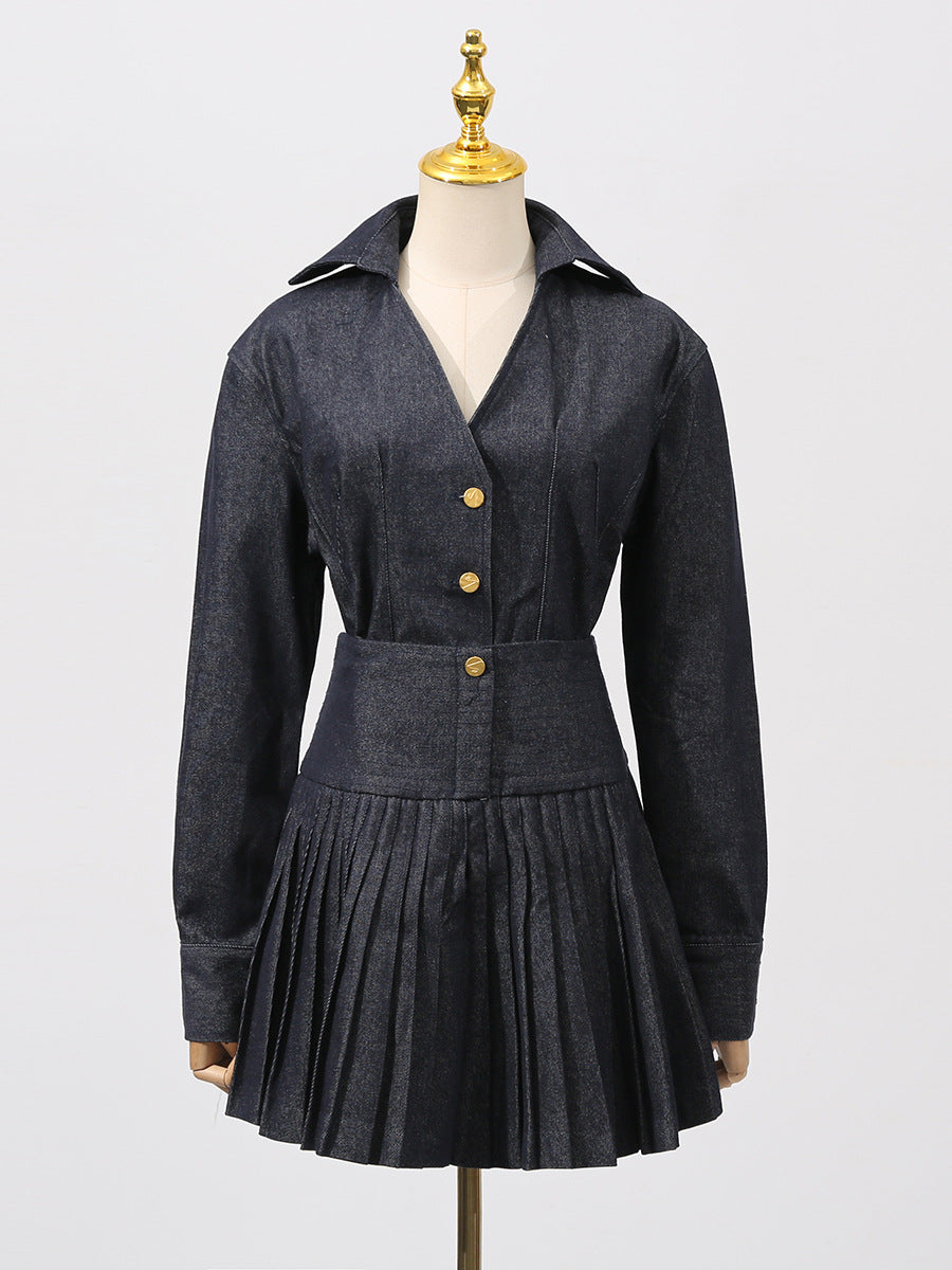 Florence Single-Breasted Top Pleated Skirt In Navy Blue