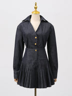 Florence Single-Breasted Top Pleated Skirt In Navy Blue