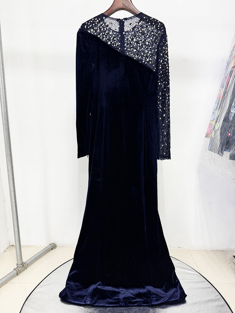 Riva Crystal Patchwork Velvet Column Maxi Dress In Dark Blue