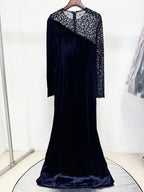 Riva Crystal Patchwork Velvet Column Maxi Dress In Dark Blue