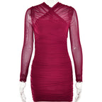 Flowering Girl Women LONG SLEEVE RUCHED MESH DRESS IN WINE