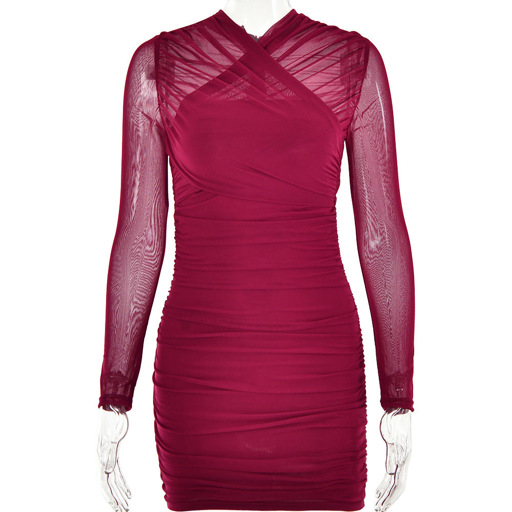 Flowering Girl Women LONG SLEEVE RUCHED MESH DRESS IN WINE