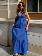 Flowering Girl Women Blue V-neck camisole linen A-line maxi dress