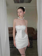 Flowering Girl Women pearl fishbone wrap top skirt set in white