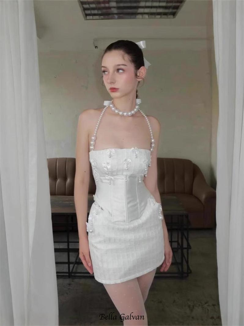 Flowering Girl Women pearl fishbone wrap top skirt set in white