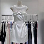Lace Rhinestone Collar Big Bow Satin A-Line Mini Dress