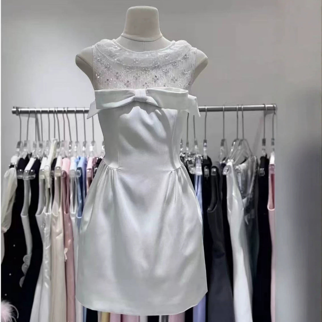 Lace Rhinestone Collar Big Bow Satin A-Line Mini Dress