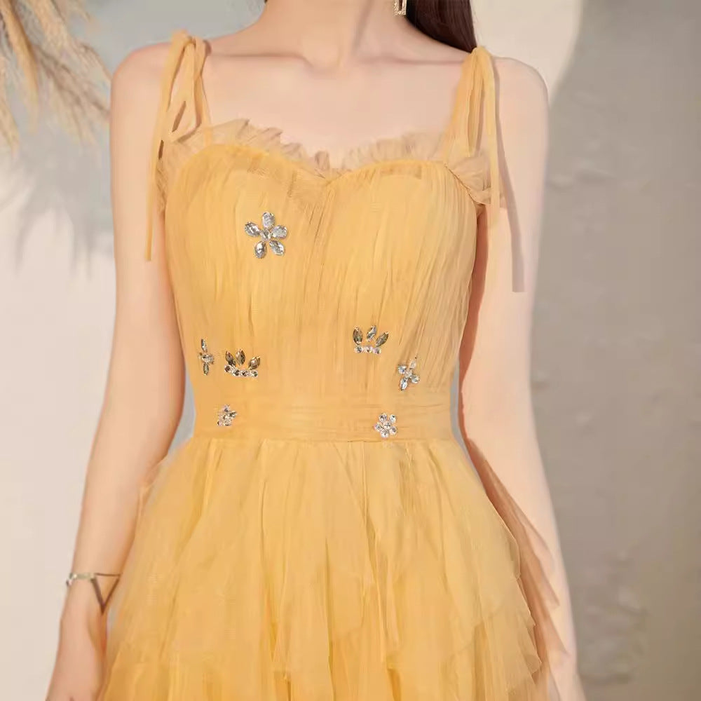Flowering Girl Women victoria rhinestone embellished tulle maxi dress - yellow