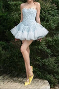Irene Floral Print Strapless Tulle Mini Dress In Blue