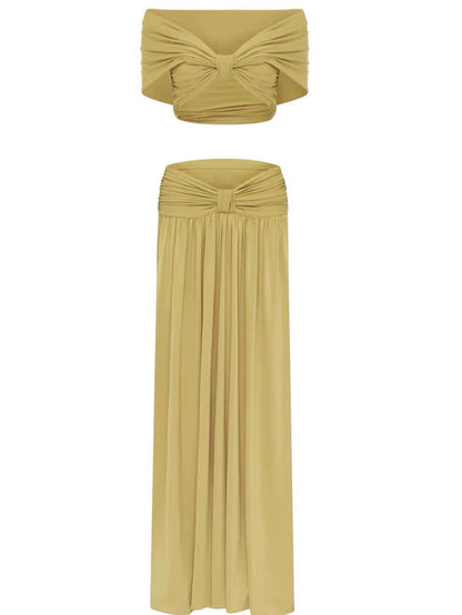 pleated top & maxi skirt set - gold