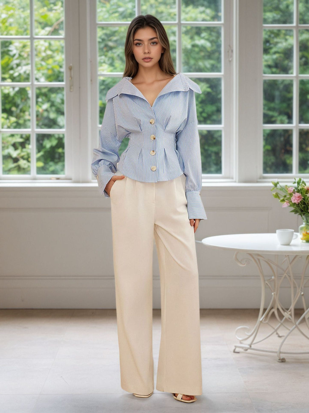 Flowering Girl Women Blue White Stripe Off Shoulder Collared Cinched Waist Peplum Shirt