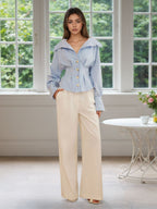 Flowering Girl Women Blue White Stripe Off Shoulder Collared Cinched Waist Peplum Shirt