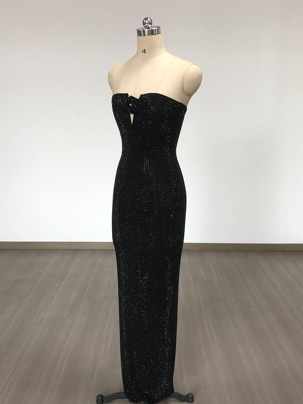 Flowering Girl Women Strapless Rhinestone rose maxi dress in black