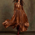 Retro High-End V-Neck Velvet Ruffle Large Swing Dress