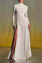 Rita Metallic Double Ball Long-Sleeve High-Slit Maxi Dress In White