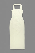 Almond Woven Halter Button Maxi Dress