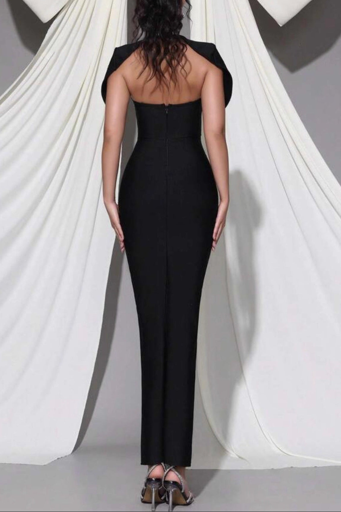 Sibyl Black Shawl-Embellished Diamond Bandage Maxi Dress