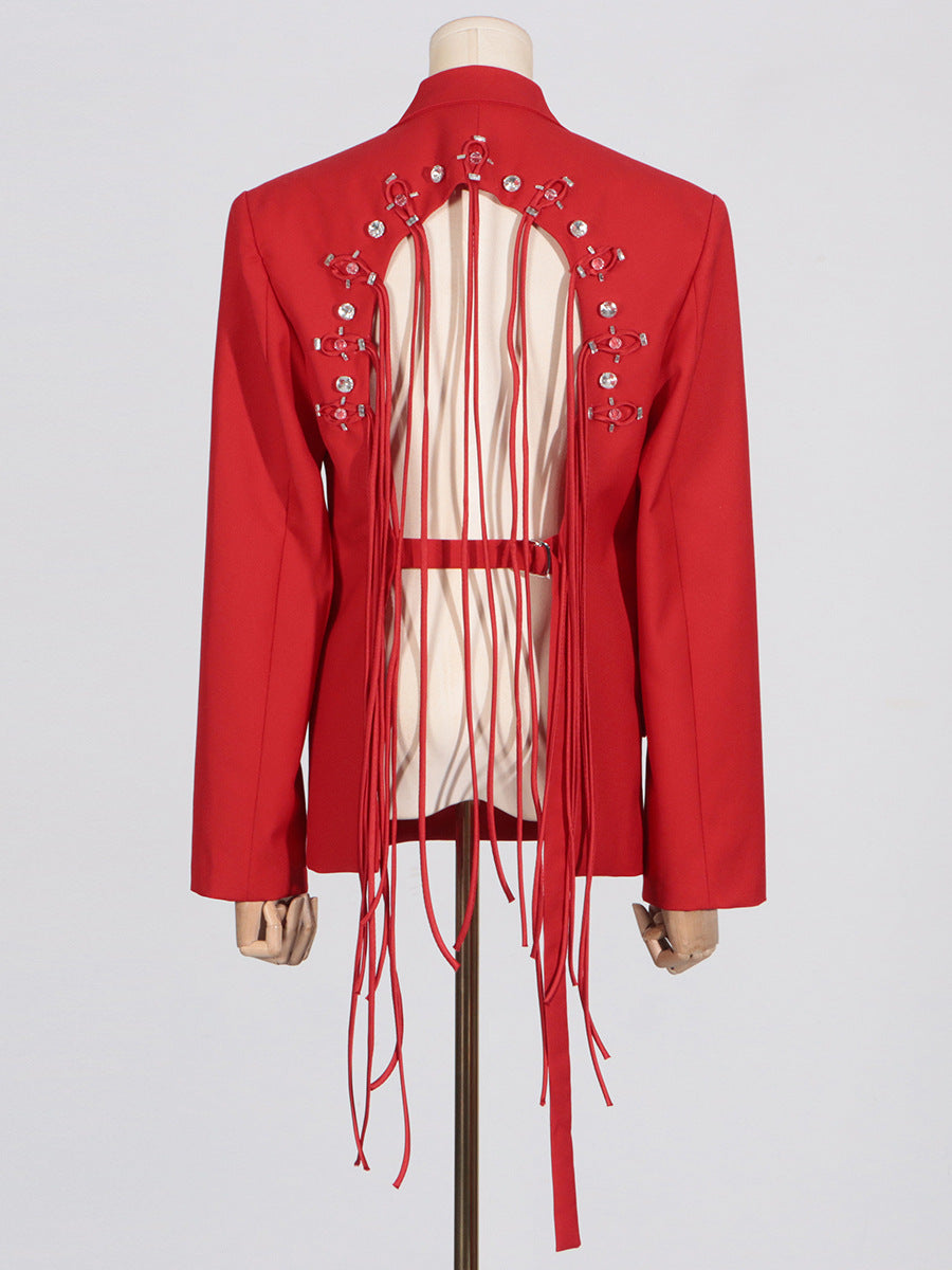 Flowering Girl Women Vienna Cutout Fringe Backless Blazer In Red