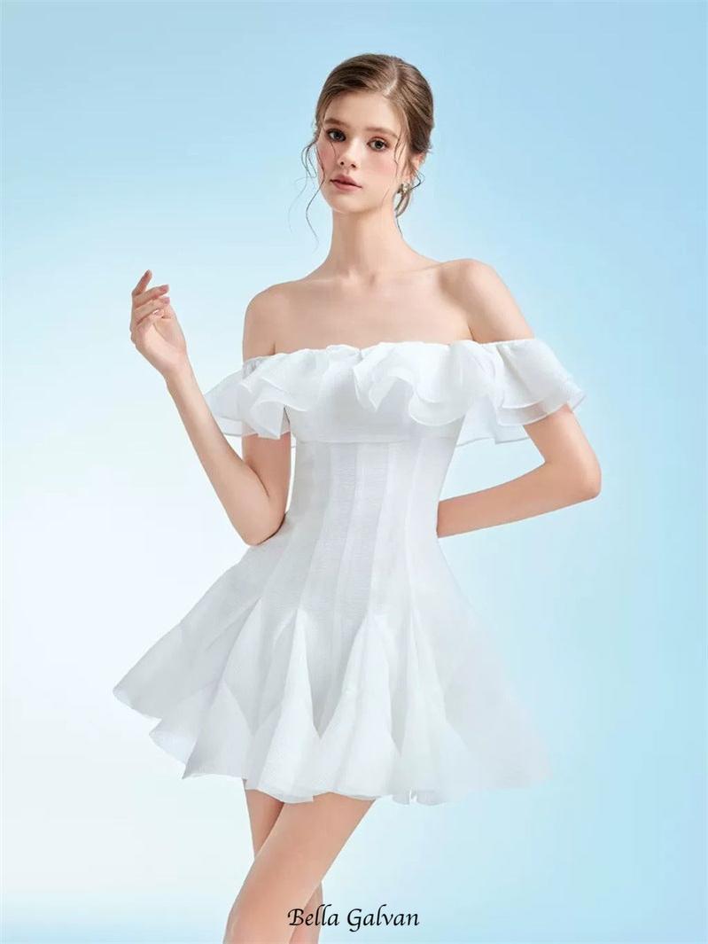 Flowering Girl Women stephanie off-shoulder ruffle trim mini dress in white