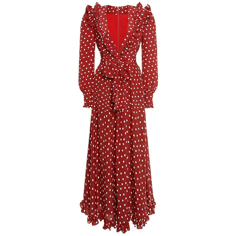 Red Long Sleeve Polka Dot Midi Dress