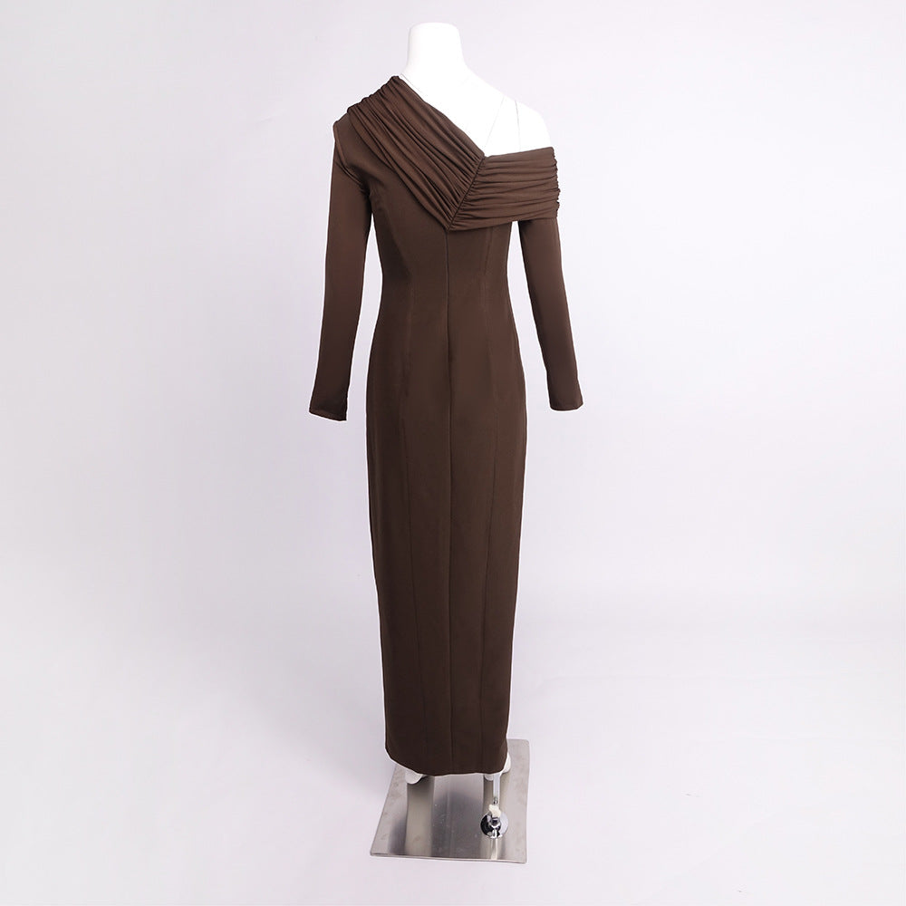 Flowering Girl Women maud One-shoulder pleated high-slit maxi dress - brown
