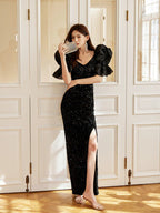 Dolores Extravagant Puff-Sleeve Sequin Cocktail Maxi Dress