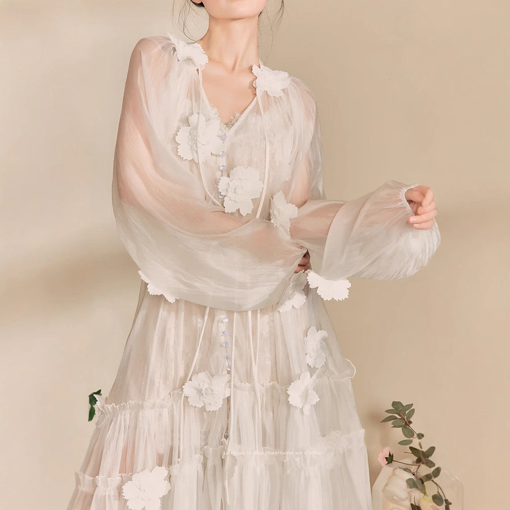 Three-Dimensional Flower Embroidery Lace-Up Maxi Dress