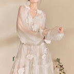 Three-Dimensional Flower Embroidery Lace-Up Maxi Dress