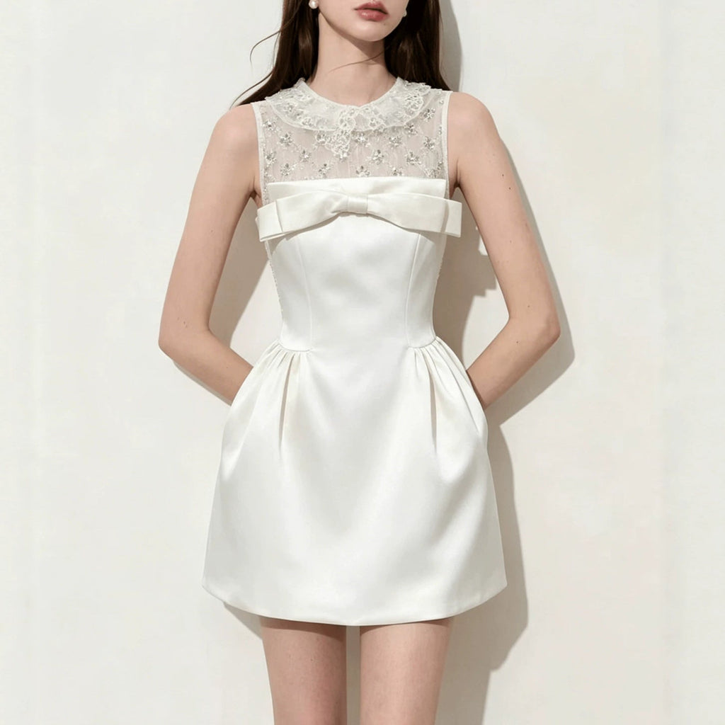 Lace Rhinestone Collar Big Bow Satin A-Line Mini Dress