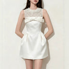 Lace Rhinestone Collar Big Bow Satin A-Line Mini Dress