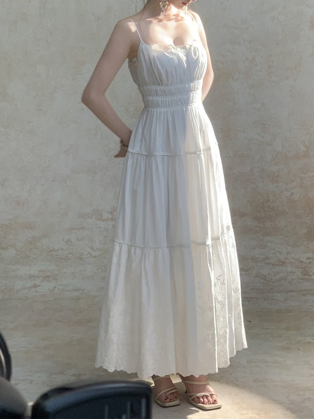 Flowering Girl Women Cotton Embroidered Spaghetti Strap maxi Dress - white
