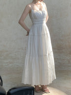 Flowering Girl Women Cotton Embroidered Spaghetti Strap maxi Dress - white