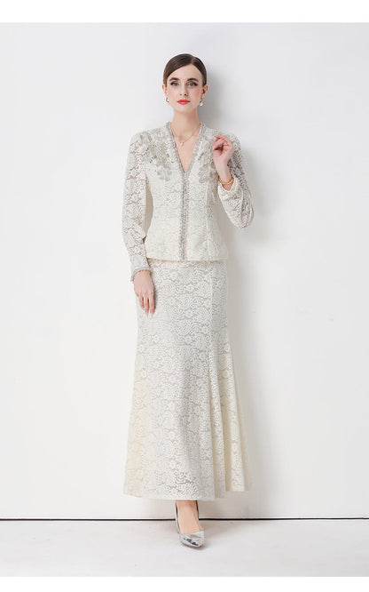 georgia Beaded V-neck lace top & fishtail skirt set - whtie