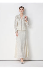 Georgia Beaded V-Neck Lace Top & Fishtail Skirt Set - Whtie