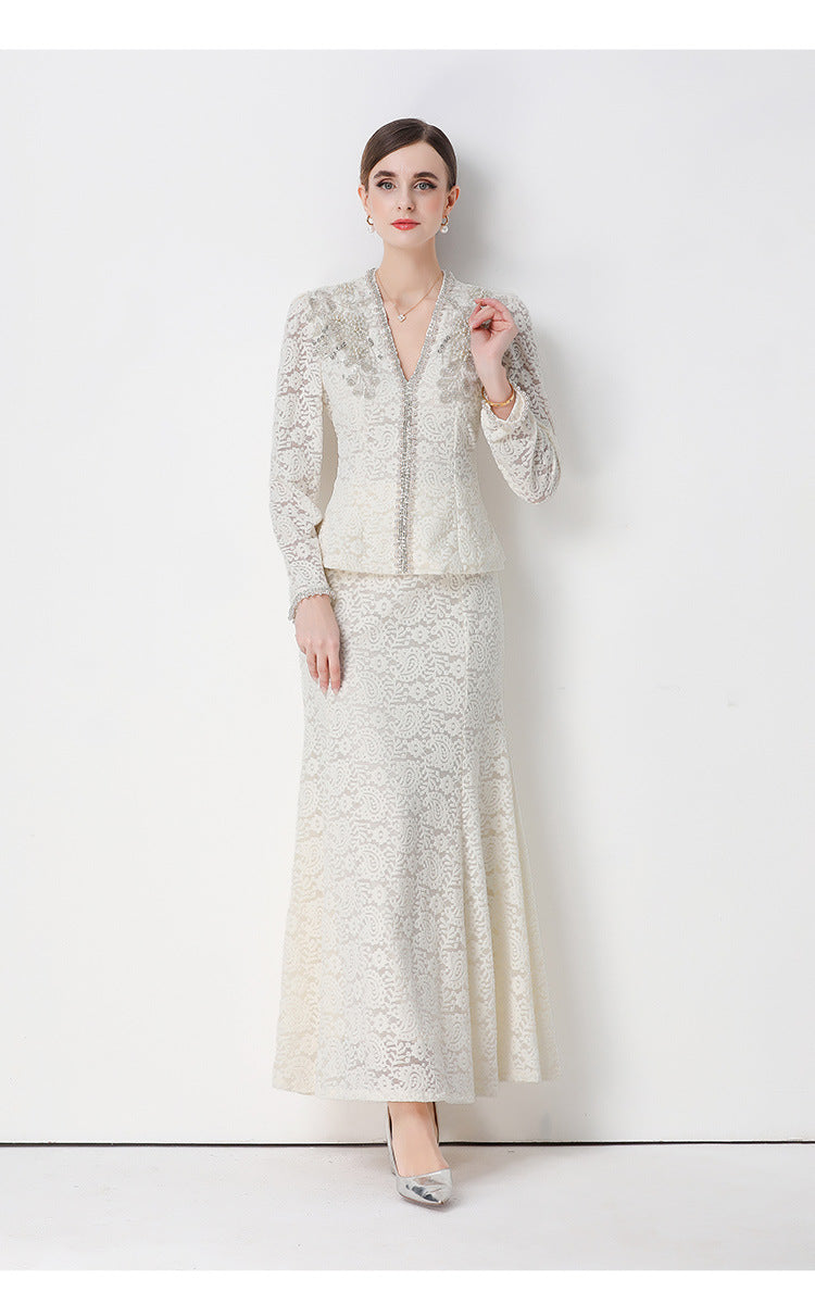 Georgia Beaded V-Neck Lace Top & Fishtail Skirt Set - Whtie