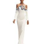 Flowering Girl Women white off-shoulder collars nails beads diamond maxi dress