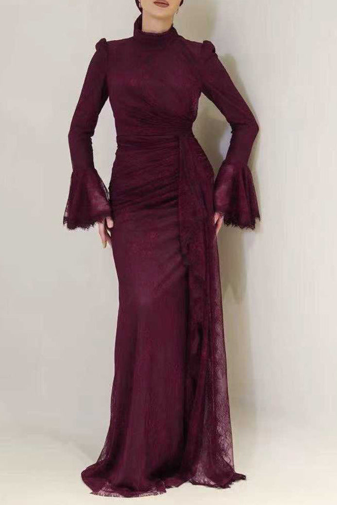 victoria Long lantern sleevelace-trim maxi dress - burgundy