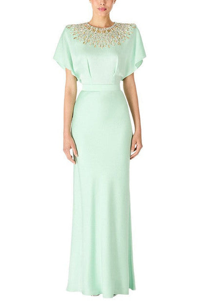 backless satin bead diamond maxi dress