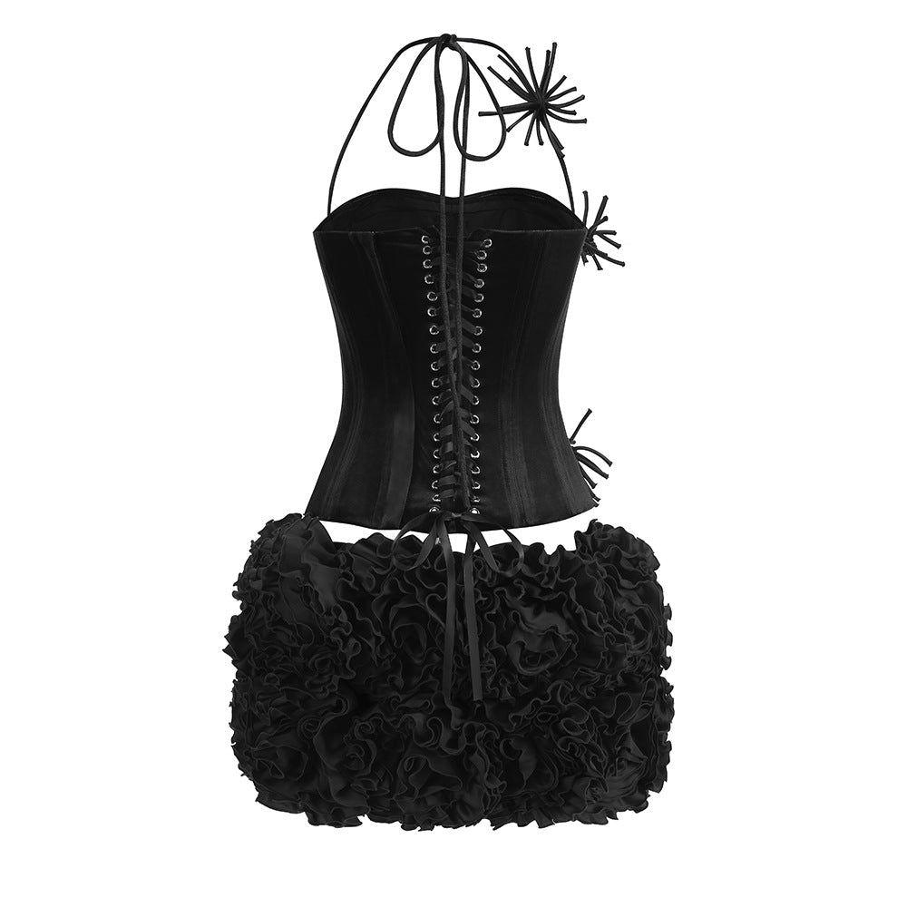 Flowering Girl Women velvet corset floral mini skirt suit in black