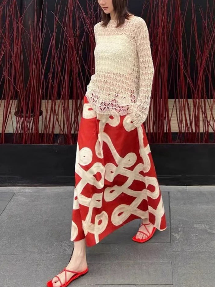 Red A-Line  Hand-Painted Printed Skirt