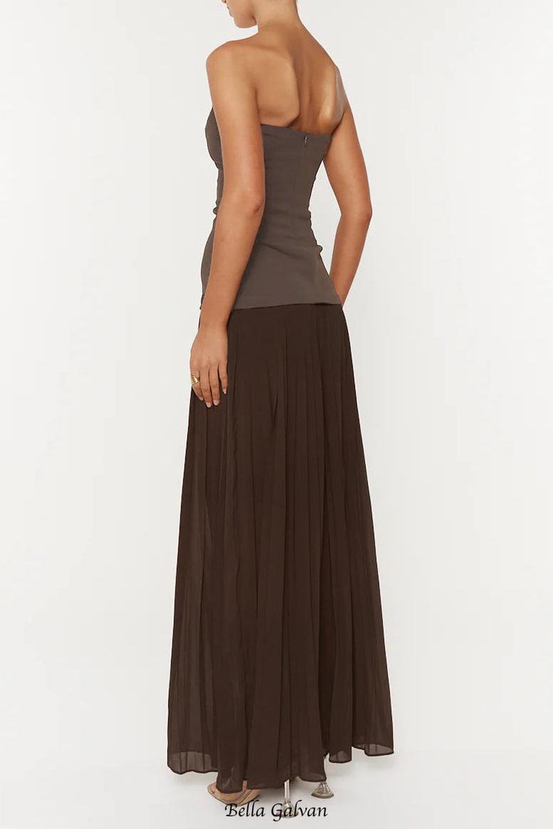 nelly pleated detail strapless maxi dress in brown