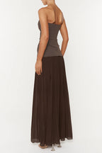 Nelly Pleated Detail Strapless Maxi Dress In Brown