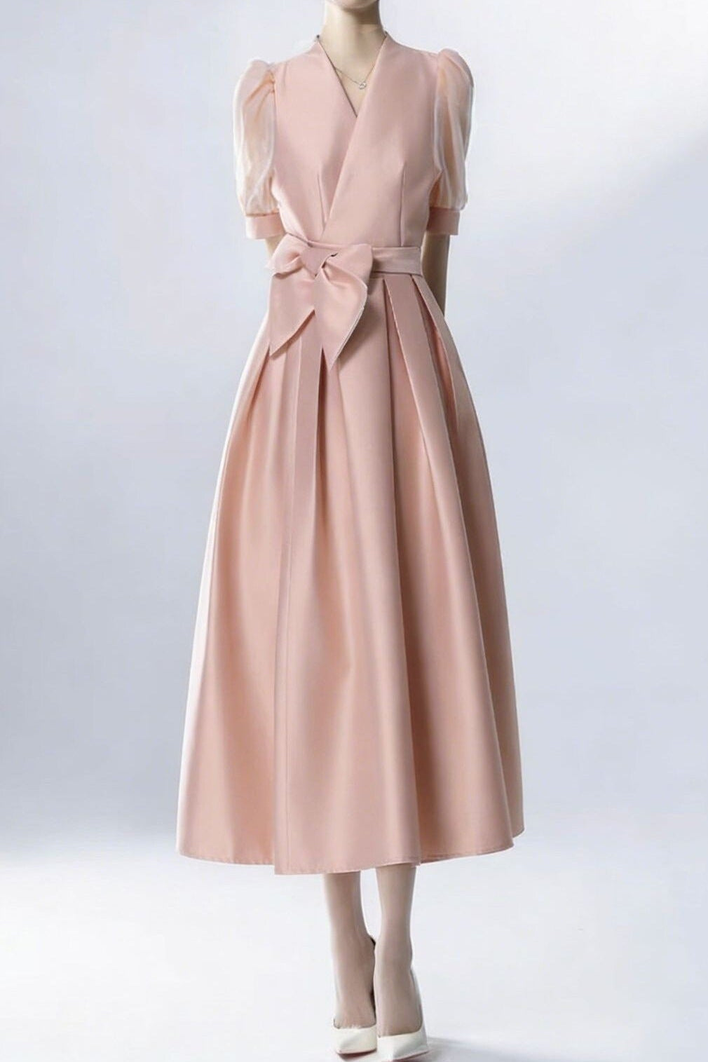 Flowering Girl Women Satin Puff Sleeve Bow Belt Midi Dress