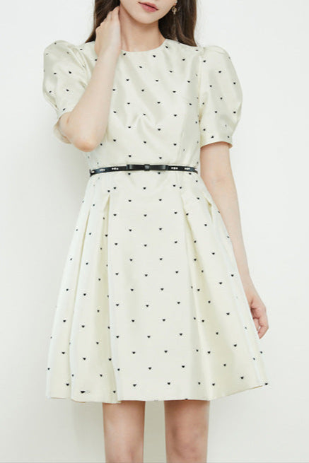 Elsie Polka Dot Puff Sleeve Mini Dress In Beige